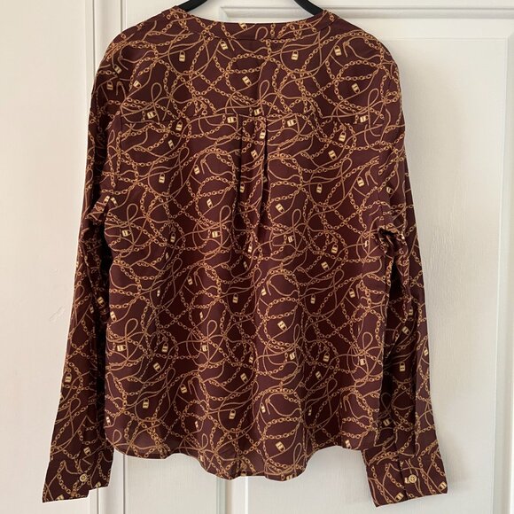 Marc New York Women's Brown Gold Chain Print Button Up Sleeve Blouse Top, Size M - Picture 9 of 11